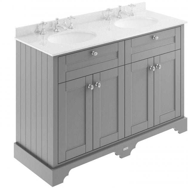 Hudson Reed Old London traditional floor standing vanity unit in storm grey with white marble double basin top and integrated handles.