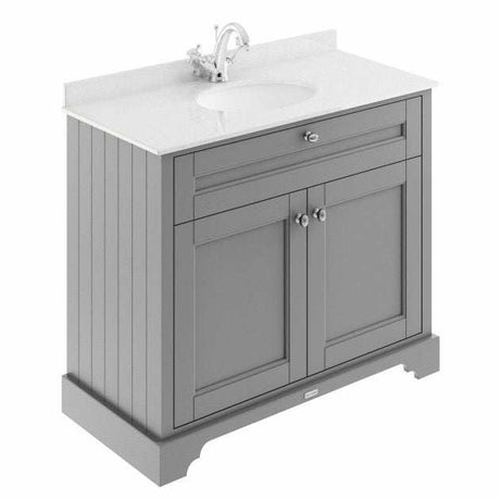 Hudson Reed Old London floor standing vanity unit with storm grey finish and white marble top basin