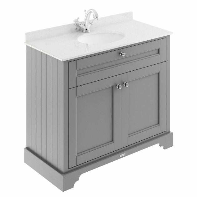 Hudson Reed Old London floor standing vanity unit with storm grey finish and white marble top basin