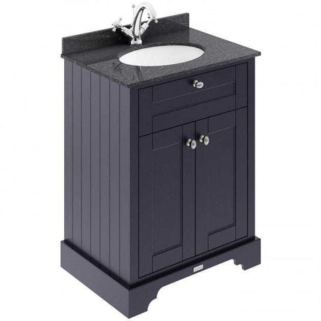 Hudson Reed Old London traditional floor standing vanity unit in twilight blue with black marble top basin and storage cabinet.