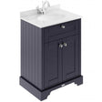 Hudson Reed Old London traditional floor standing vanity unit in twilight blue with white marble top basin and chrome handles.