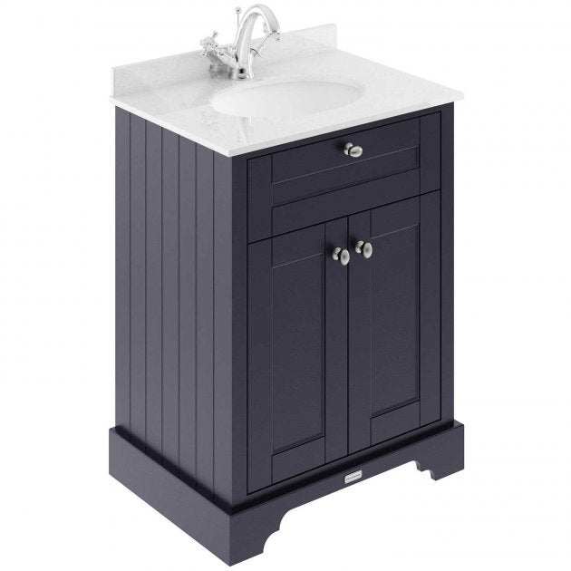 Hudson Reed Old London traditional floor standing vanity unit in twilight blue with white marble top basin and chrome handles.