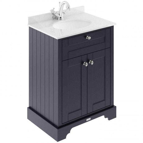 Hudson Reed Old London traditional floor standing vanity unit in twilight blue with white marble top basin and chrome handles.