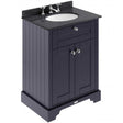 Old London Traditional style floor standing vanity unit in twilight blue with black marble top and 3 tap hole basin, 600mm wide