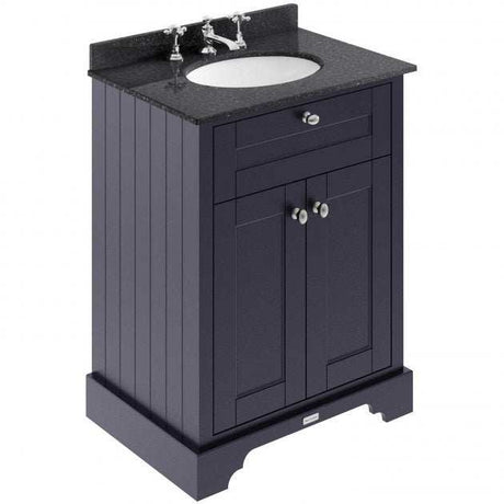 Old London Traditional style floor standing vanity unit in twilight blue with black marble top and 3 tap hole basin, 600mm wide