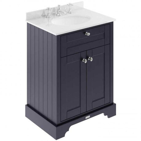 Old London traditional floor standing vanity unit in twilight blue with white marble top basin and storage drawer