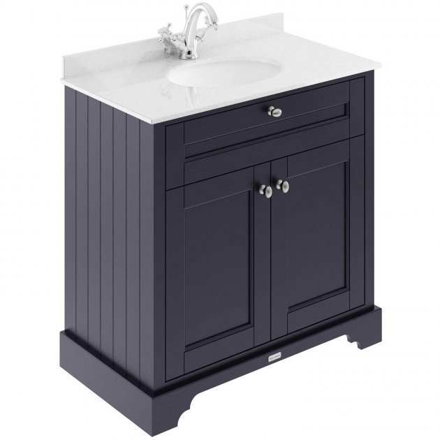 Hudson Reed Old London twilight blue floor standing vanity unit with white marble top basin and storage cabinet