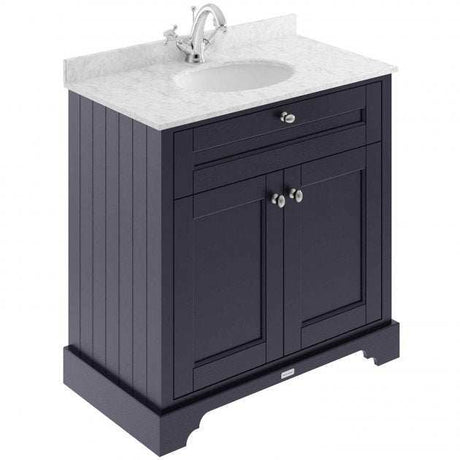 Old London Traditional Floor Standing Vanity Unit in Twilight Blue with grey marble top basin and storage cabinet
