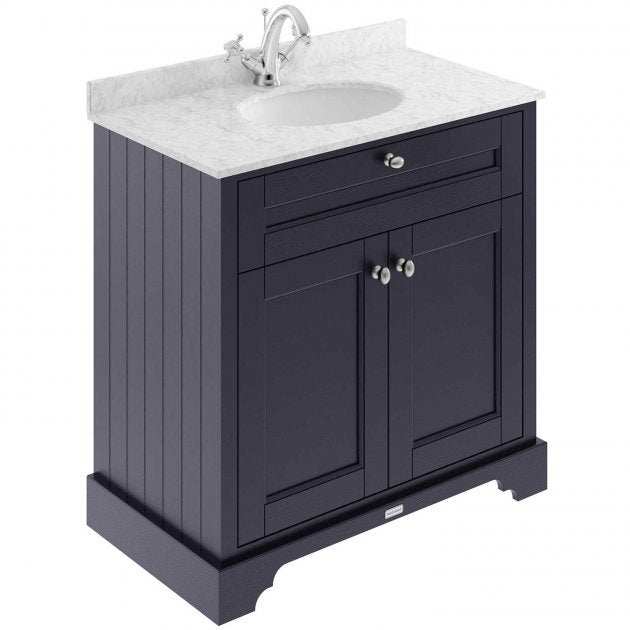 Old London Traditional Floor Standing Vanity Unit in Twilight Blue with grey marble top basin and storage cabinet