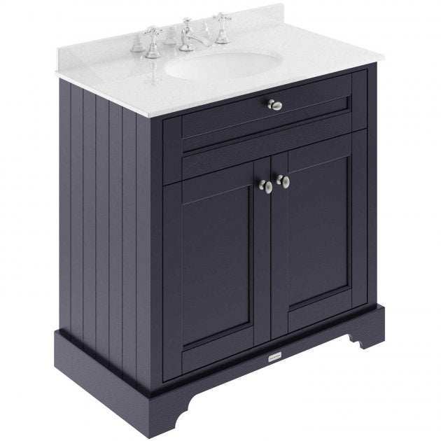 Hudson Reed Old London traditional floor standing vanity unit in twilight blue with white marble top basin and silver taps