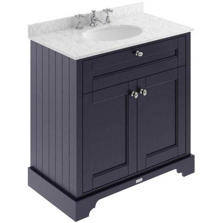 Hudson Reed Old London floor standing vanity unit in twilight blue with white marble top basin and chrome handles
