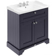 Hudson Reed Old London traditional floor standing vanity unit in twilight blue with white 3 tap hole basin and storage cabinet