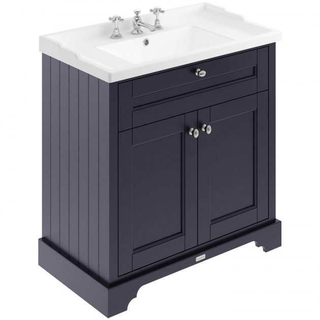 Hudson Reed Old London traditional floor standing vanity unit in twilight blue with white 3 tap hole basin and storage cabinet