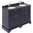 Hudson Reed Old London traditional floor standing vanity unit in twilight blue with black marble double basin top and soft close doors