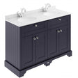 Old London Traditional floor standing vanity unit in twilight blue with white marble top and double basins