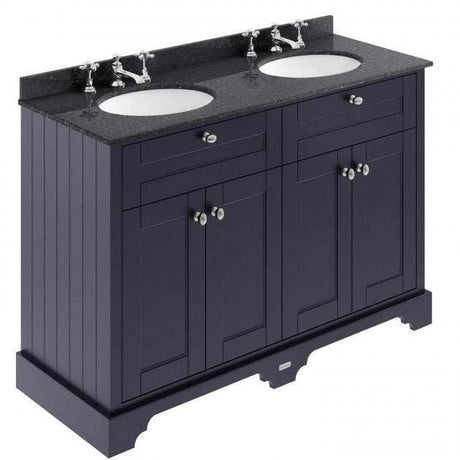 Hudson Reed Old London traditional floor standing bathroom vanity unit in twilight blue with black marble double basin and multiple storage cabinets