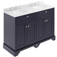Old London Traditional floor standing vanity unit in twilight blue with white marble double basin and storage drawers.