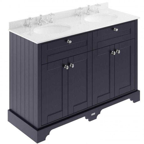 Old London Traditional floor standing vanity unit in twilight blue with white marble double basin and storage drawers.