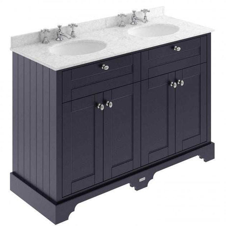 Hudson Reed Old London traditional twilight blue floor standing vanity unit with grey marble double basin and three tap holes, 1200mm wide