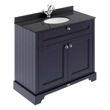 Hudson Reed Old London traditional floor standing vanity unit with twilight blue finish and black marble top basin