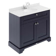 Hudson Reed Old London twilight blue floor standing vanity unit with white marble top basin and storage cabinet