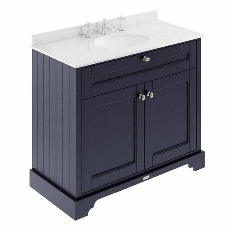 Hudson Reed Old London twilight blue floor standing vanity unit with white marble top basin and storage drawers