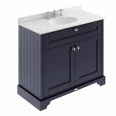 Hudson Reed Old London twilight blue traditional floor standing vanity unit with grey marble top and 3 tap holes, 1000mm wide