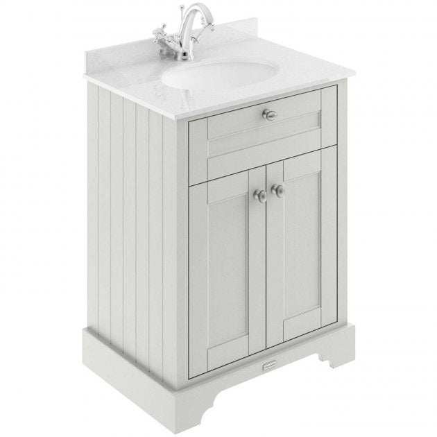 Hudson Reed Old London traditional floor standing vanity unit with white marble top basin in timeless sand finish, 600mm wide