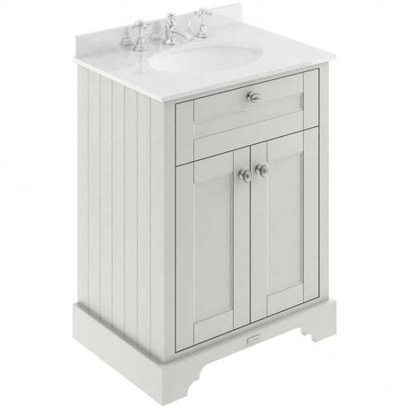 Hudson Reed Old London traditional floor standing vanity unit with timeless sand finish and white marble top basin, 600mm wide.