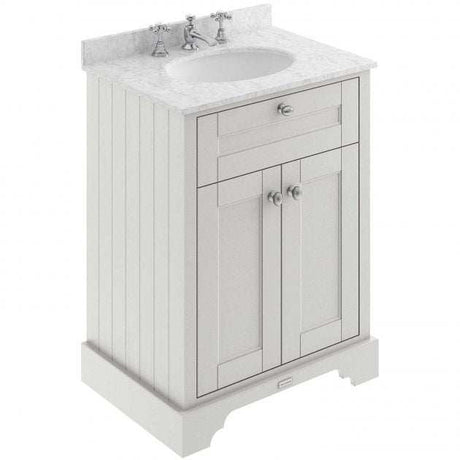 Old London traditional floor standing vanity unit with grey marble top basin in timeless sand finish, 600mm wide, featuring storage drawers and cabinet doors.