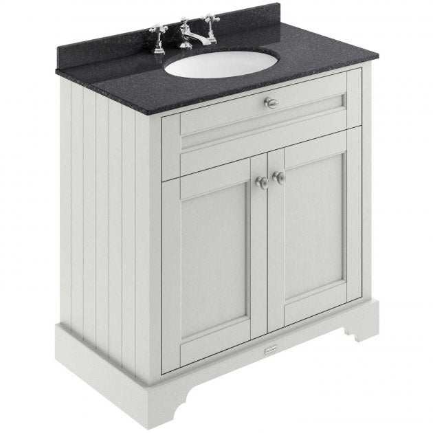 Hudson Reed Old London traditional floor standing vanity unit in timeless sand with 3TH black marble top basin and storage cabinet