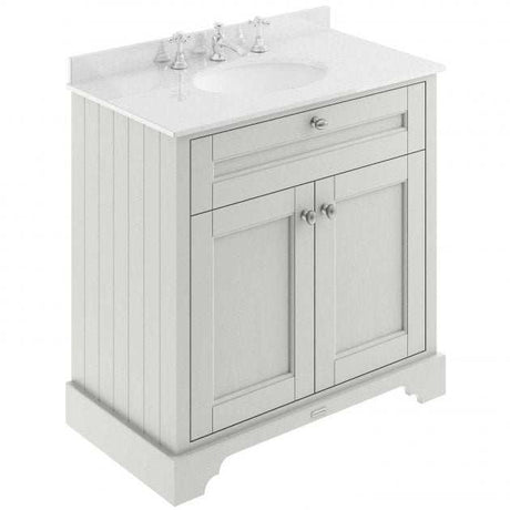 Hudson Reed Old London traditional floor standing vanity unit with white marble top basin and timeless sand finish, 800mm wide