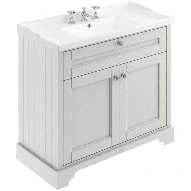 Hudson Reed Old London traditional floor standing vanity unit in timeless sand with 1000mm wide 3TH ceramic basin and storage cabinet