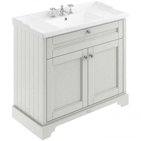 Hudson Reed Old London traditional floor standing vanity unit in timeless sand with 1000mm wide 3TH ceramic basin and storage cabinet