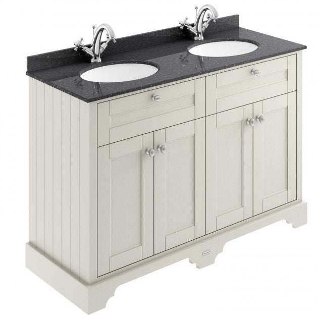 Hudson Reed Old London traditional floor standing vanity unit with black marble top and dual basins in timeless sand finish