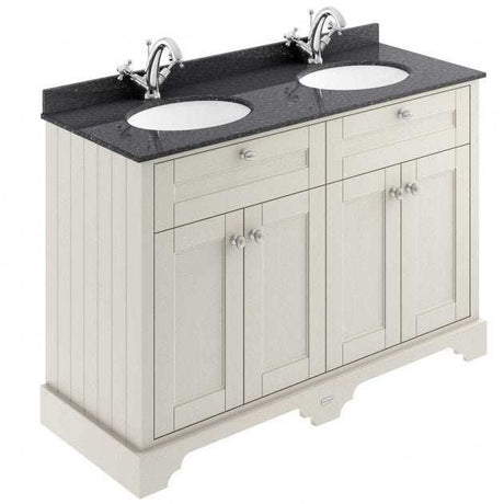 Hudson Reed Old London traditional floor standing vanity unit with black marble top and dual basins in timeless sand finish
