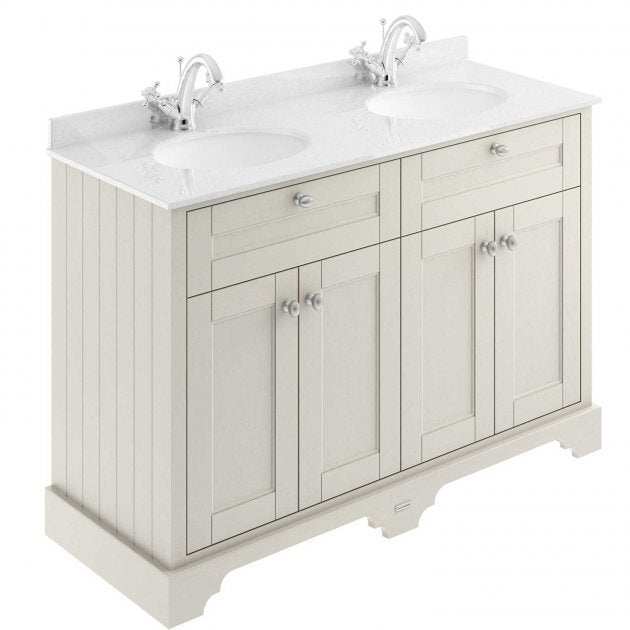 Hudson Reed Old London traditional floor standing vanity unit with white marble double basin and timeless sand finish.