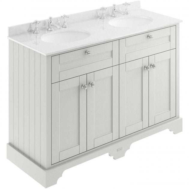 Hudson Reed Old London traditional floor standing vanity unit with white marble double basin and timeless sand finish