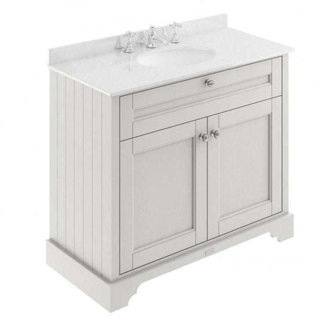 Hudson Reed Old London traditional floor standing vanity unit with white marble top basin and Timeless Sand finish