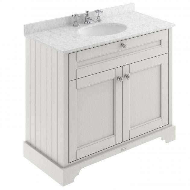 Old London Traditional Vanity Unit with grey marble top basin in timeless sand finish, 1000mm wide floor standing bathroom storage cabinet