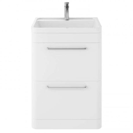 Hudson Reed Solar Modern white floor standing vanity unit with integrated basin and storage drawers.