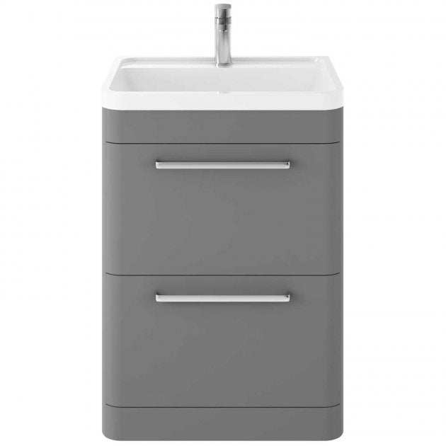 Hudson Reed Solar 600mm wide cool grey floor standing modern vanity unit with basin and metal handles