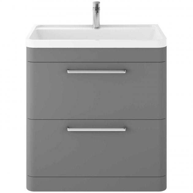 Hudson Reed Solar Floor Standing modern vanity unit in cool grey with white basin and two storage drawers