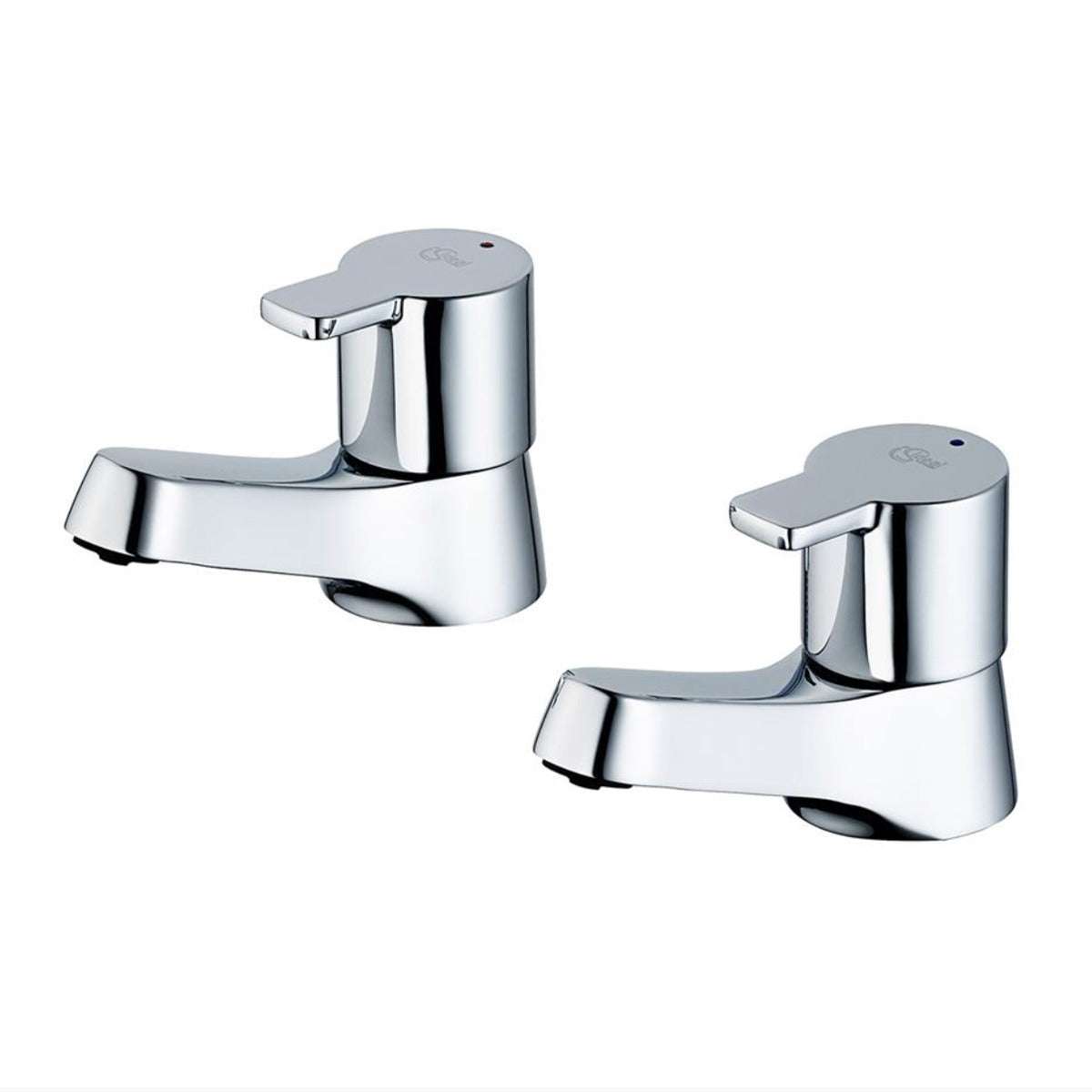 Pair of modern chrome Ideal Standard Calista basin pillar taps with ergonomic handles and sleek finish