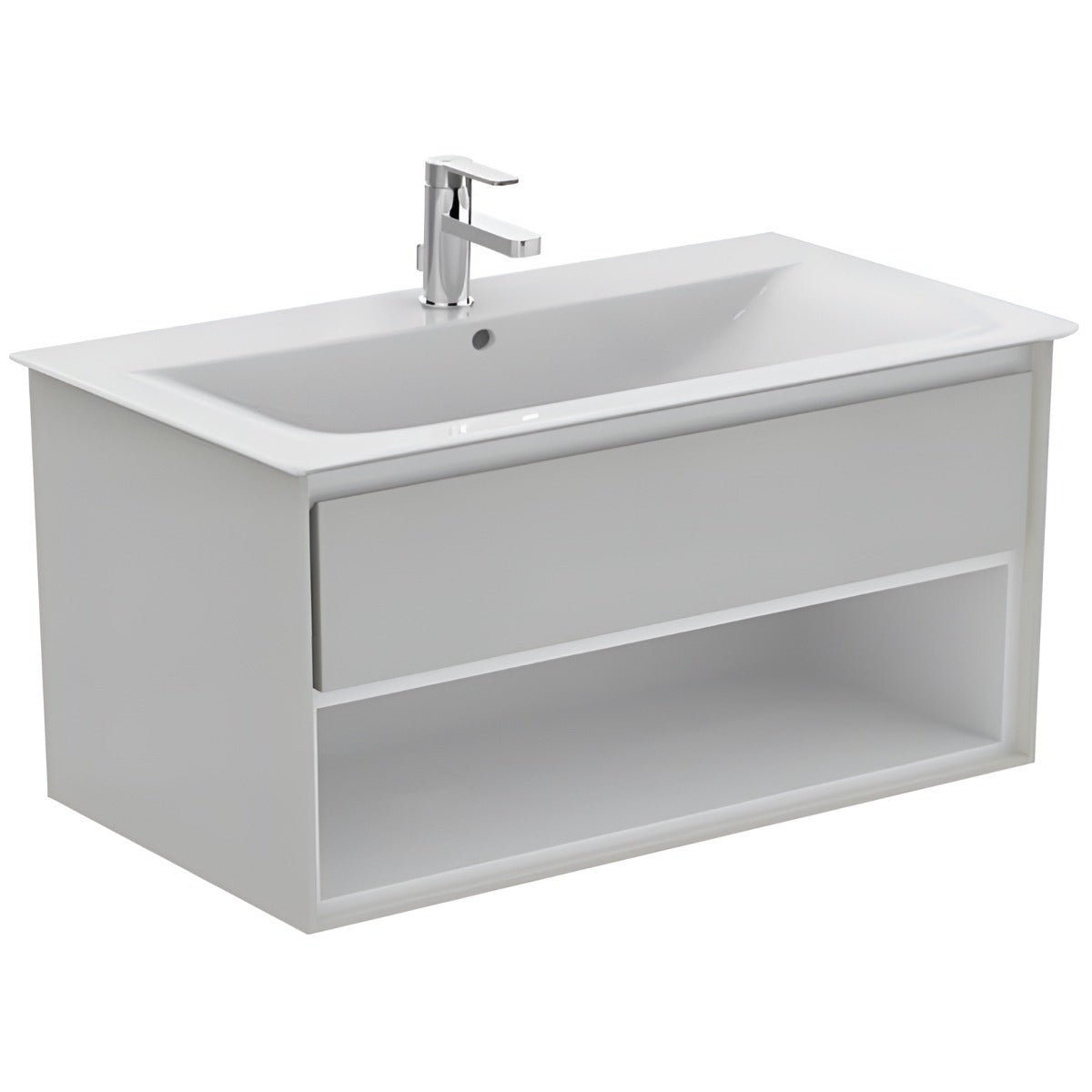 Ideal Standard Connect Air 1 Drawer Open Shelf Wall Hung Vanity Unit Only 1000mm - Gloss Grey / Matt White - E0828EQ - TAP 'N' SHOWER