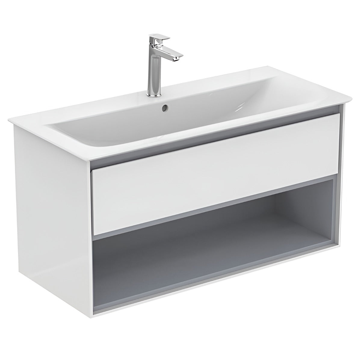 Ideal Standard Connect Air 1 Drawer Open Shelf Wall Hung Vanity Unit Only 1000mm Wide - Gloss White / Matt Grey - E0828KN - TAP 'N' SHOWER