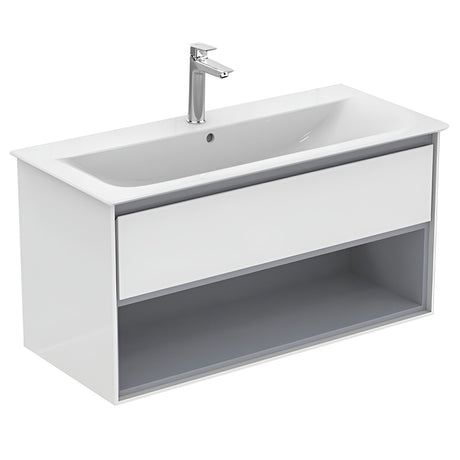 Ideal Standard Connect Air 1 Drawer Open Shelf Wall Hung Vanity Unit Only 1000mm Wide - Gloss White / Matt Grey - E0828KN - TAP 'N' SHOWER