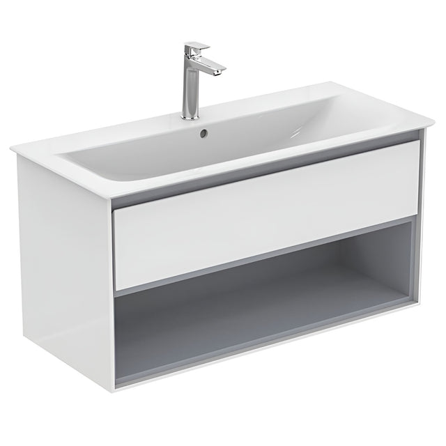 Ideal Standard Connect Air 1 Drawer Open Shelf Wall Hung Vanity Unit Only 1000mm Wide - Gloss White / Matt Grey - E0828KN - TAP 'N' SHOWER