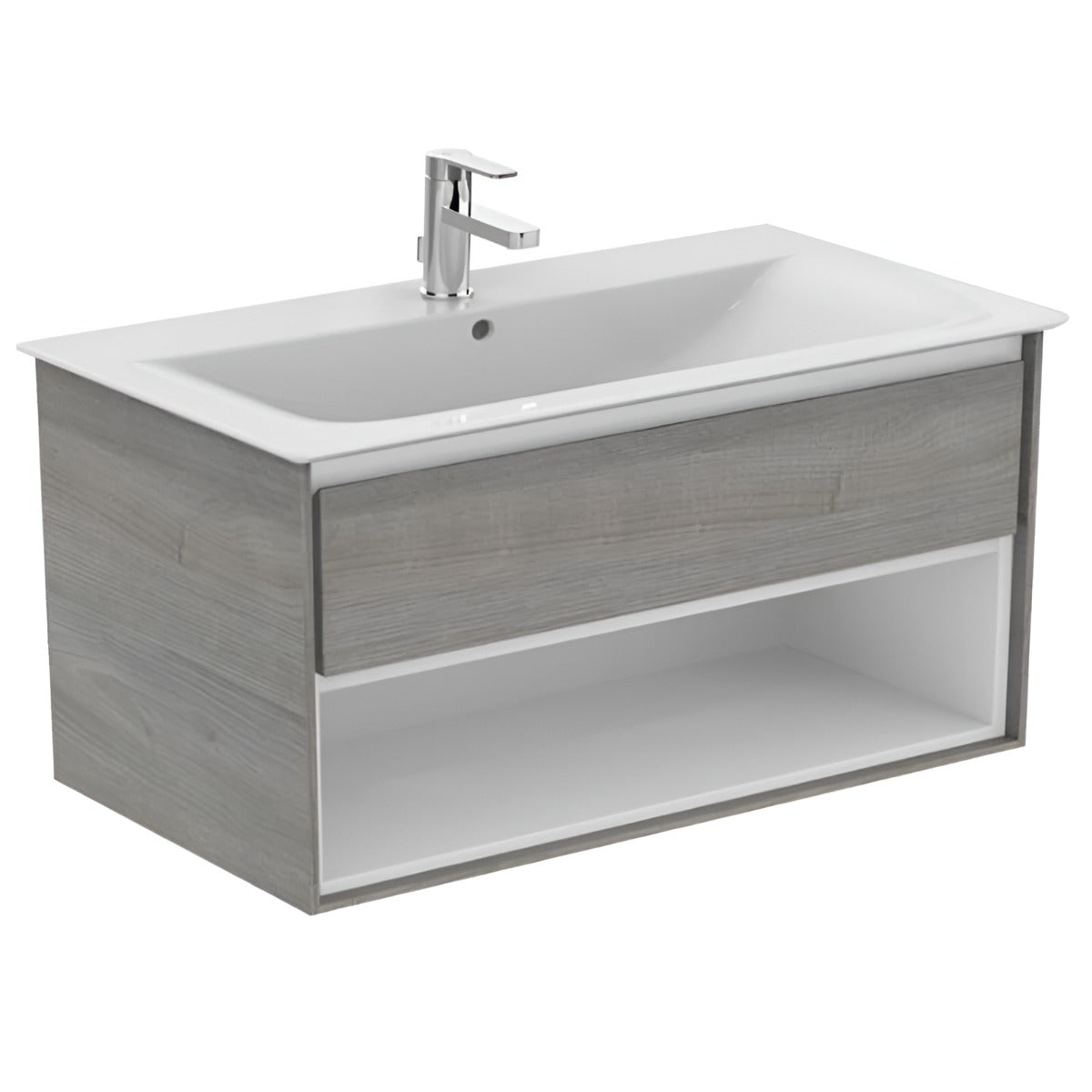 Ideal Standard Connect Air 1 Drawer Open Shelf Wall Hung Vanity Unit Only 1000mm Wide - Light Grey Wood / Matt White - E0828PS - TAP 'N' SHOWER