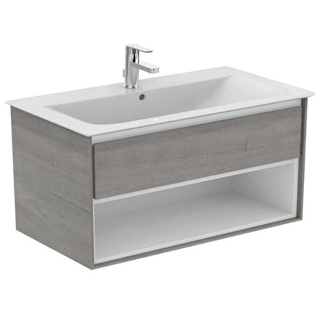 Ideal Standard Connect Air 1 Drawer Open Shelf Wall Hung Vanity Unit Only 1000mm Wide - Light Grey Wood / Matt White - E0828PS - TAP 'N' SHOWER